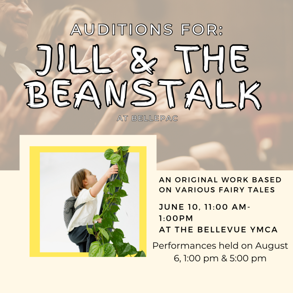 Original Instagram post for a BellePAC original production, Jill and the Beanstalk. Image of theater guest, and a second smaller image of Jill climbing the beanstalk.